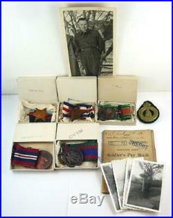 5 WW II Canadian Medals & Ribbons & Original Box, Photos, Pay Book & Cap Badge