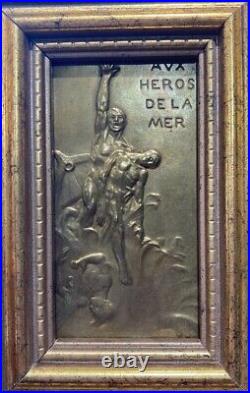 Antique Heroes Of The Sea Medal in Frame Rectangular Wood Gilt Rare Old 20th