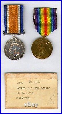 Australian WW1 British war medal and Victory medal. 42/Bn. Wounded twice. AIF