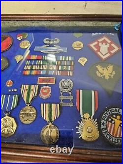 Framed War United States Medals, Patches, Ribbons in Shadowbox