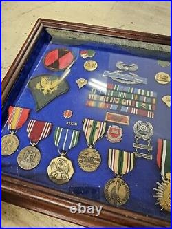 Framed War United States Medals, Patches, Ribbons in Shadowbox