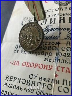 Genuine! Rare Ww2 Russian Soviet Medal Defense Of Stalingrad + Document