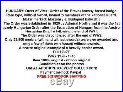 Hungary Order Bravery Vitez Badge witho Sword Hungarian Medal 1920 1944 WW1 WW2