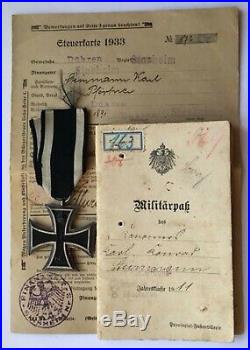 Medal Ww1 German Baden Group Ek2 + Militarpass + Steuerkarte (1933)