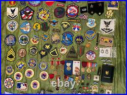Military Junk Drawer Lot, WW2 Modern Boy Scout Medals Patches USMC Army Navy