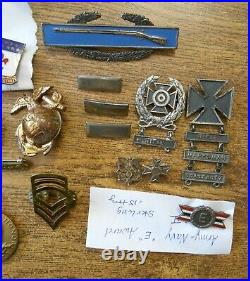 Mixed Group US WW1 WW2 Photo Dog Tags Marksman Sterling Badges Medals Buttons