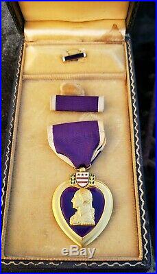 Named WW2 Purple Heart Medal with Coffin Case Ribbon Bar Lapel Pin Pacific Europe