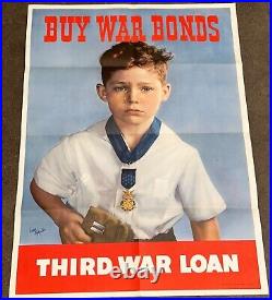 Original 1943 WWII Buy War Bonds Poster Third War Loan Boy with Fathers Medal