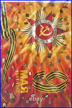 Set of 74 original Soviet medals & badges + hanging flag Great Patriotic War WW2