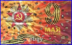 Set of 74 original Soviet medals & badges + hanging flag Great Patriotic War WW2