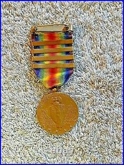 VINTAGE WW I Victory Medal - 4 Battle Bars