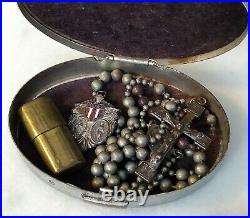 Vintage WW2 Military Pull Chain Rosary in Case Stars Stripes Medal Bullet Shrine