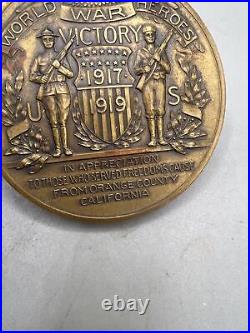 Vtg. RARE WW I 1917-1919 HEROES VICTORY BRONZE MEDALLION/MEDAL ORANGE COUNTY, CA