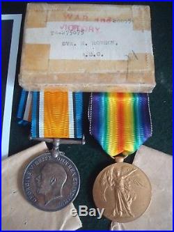 WW1 BWM / VICTORY MEDALS to T4-275675 R ROBSON with TRENCH ART ID