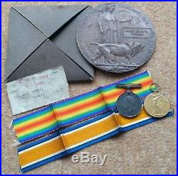 WW1 British War & Victory Medals + Memorial Plaque Grimsby Chums, Lincs Regt
