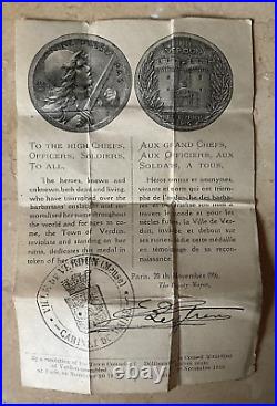 WW1 FRENCH BATTLE of VERDUN BRONZE MEDAL with POUCH + OFFICIAL CERTIFICATE 1917