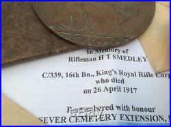 WW1 Medal Trio & Plaque Church Lads C339 Smedley Heanor 16th K. R. RIF. C. Low