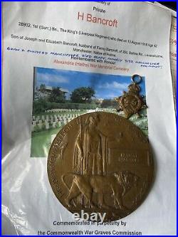 WW1 memorial plaque & 15 star medal Kings Liverpool Regt KIA EGYPT 1916 Bancroft