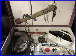 WW2 Imperial Japanese Pilots Lot Suitcase Sword Headband Wings Medal Banner