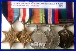 WW2 MEDAL GROUP WITH GSM PALESTINE 1945-48, PTE NEIL, A. A. C & 9th PARACHUTE REGT
