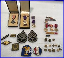 WW2 US Medal Lot NY Conspicuous Cross Purple Heart SERIAL #ed Patch Ribbon Army
