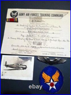 WWII USAAF Army 3 Pilot Wings Patch Ribbon Bar Training Certificate Id & Photo