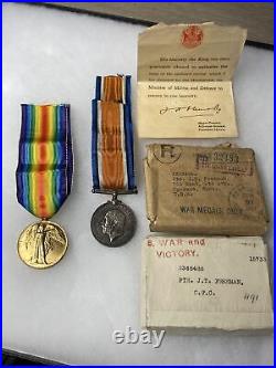 WWI King George V & WWI Victory Medal Collection With Paperwork PTE JT Freeman CFC