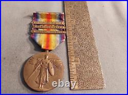 WWI US Army Victory Full Size Medal with 3 Bars
