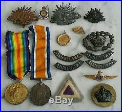 WW 1 Australian Medals X2 V. C. M. Dumas, also 9ct gold medal & other Aust badges