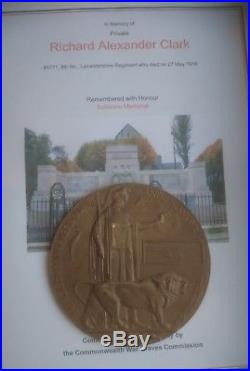 Ww1 British Death Plaque/ Penny/ Medal/badge Killed Ia Richard Alexander Clark