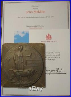 Ww1 Death Plaque & Box & Trio Of Medals/badges Killed Ia Somme Lancs Fus Mcminn