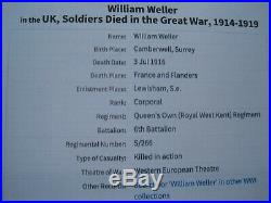 Ww1 Death Plaque & Medals To Weller Brothers, Royal West Kent R & Canadian Inf
