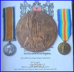 Ww1 Death Plaque/penny/victory & War Medals/badges Dow Missing Lan Fus Crompton