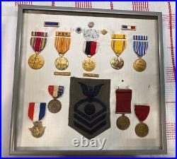 Ww2 Navy Soldiers Medal And Ribbon Display With Dog Tag And More