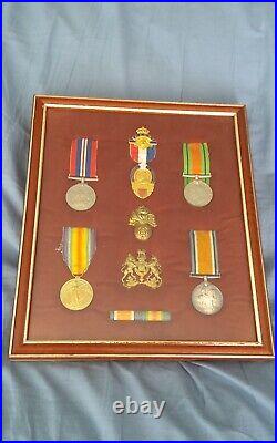 Wwi Ww2 Medals With Ribbons + Roab Medal + Cap Badges All Framed